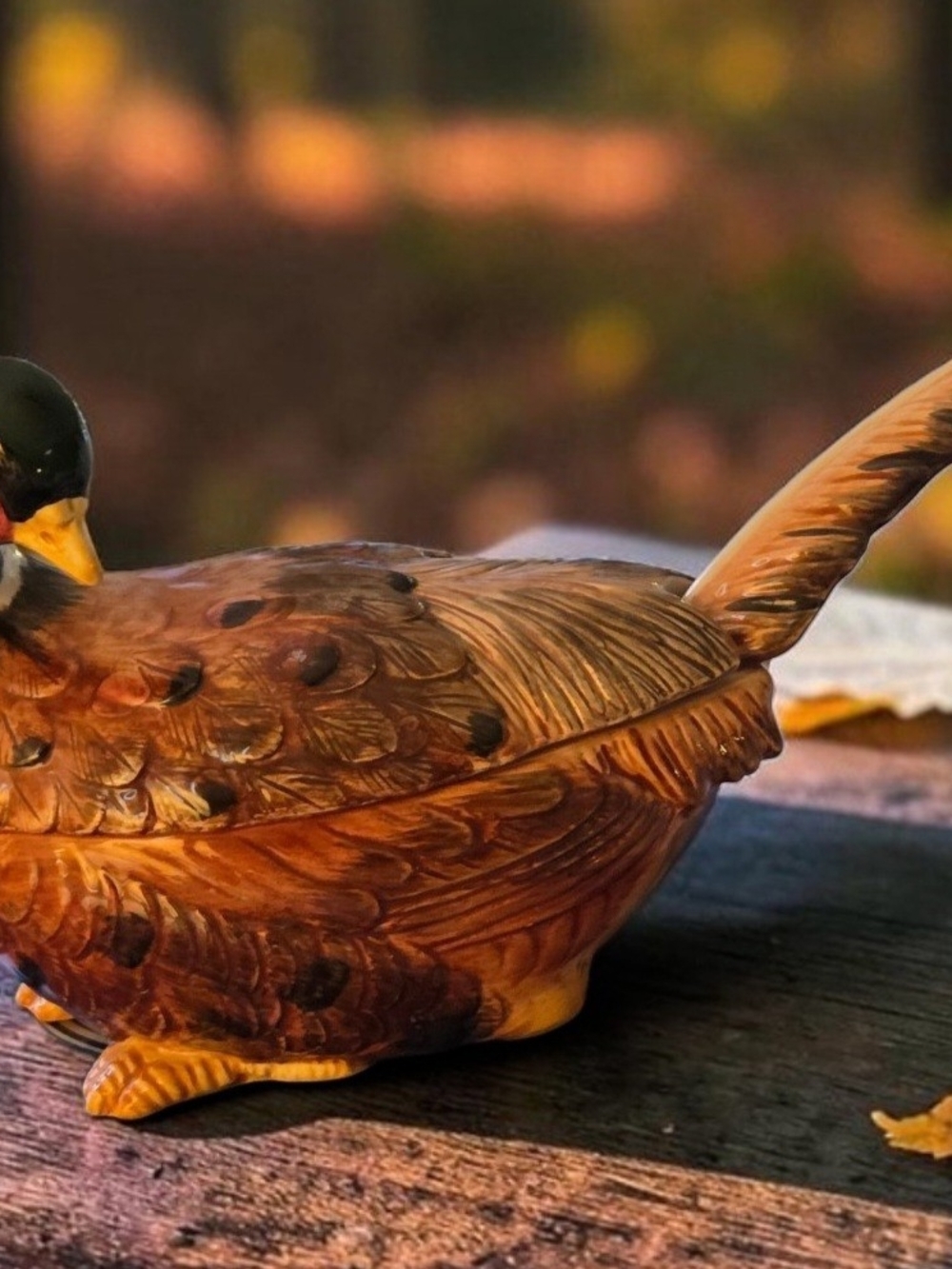 Fitz and Floyd Pheasant Figural Sauce Boat with Lid and Ladle Handpainted Vintag